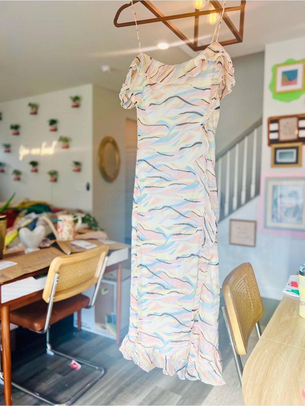 Rare 100% Silk Vintage Redux Pastel Multicolor Wave-Print Ruffle Maxi Dress